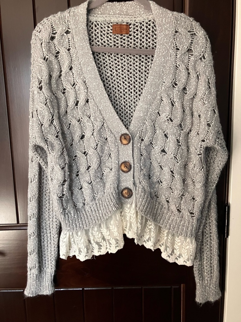 POL Beachy Cable Knit Button-Front Cardigan with Lace Hem